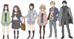  2boys 4girls black_hair black_legwear blue_eyes brown_hair double_bun glasses inami_sakura kanbara_akihito kuriyama_mirai kyoukai_no_kanata long_hair looking_at_viewer multiple_boys multiple_girls nase_hiroomi nase_mitsuki official_art open_mouth red-framed_glasses red_eyes scarf shindou_ai short_hair transparent_background 