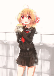  adapted_costume black_serafuku blonde_hair bread bread_slice chilia012 commentary_request eating female food hair_ribbon highres photoshop_(medium) pleated_skirt red_eyes ribbon rumia school_uniform serafuku short_hair skirt toast touhou 