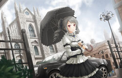  asakurashinji black_umbrella car church cloud commentary_request day drill_hair female goth_fashion gothic_lolita grey_hair highres idolmaster idolmaster_cinderella_girls kanzaki_ranko lolita_fashion long_hair motor_vehicle outdoors parasol photoshop_(medium) red_eyes sky smile solo twin_drills twintails umbrella 