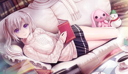  aran_sweater book cable_knit commentary_request couch dutch_angle female flat_chest g-senjou_no_maou highres long_hair long_legs looking_at_viewer photoshop_(medium) purple_eyes reading reclining shiratori_mizuha skirt smile snow_globe snowman solo stuffed_animal stuffed_rabbit stuffed_toy sunimu sweater turtleneck twintails white_hair 