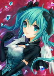  aposekari aqua_eyes aqua_hair bow commentary_request elbow_gloves female fork gem gloves hairbow hatsune_miku long_hair pricey solo vocaloid watermark web_address wings 