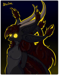  2014 anthro black_body black_fur brown_hair digital_media_(artwork) dragon fur furred_dragon furred_scalie glowing glowing_eyes hair horn male mirroid mirroidal multi_ear mythological_creature mythological_scalie mythology nude sairlan_(mirroidal) scalie simple_background solo yellow_sclera 