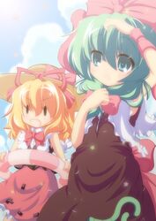  2girls blonde_hair blue_sky bow brown_dress cape cloud commentary_request dress front_ponytail green_eyes green_hair hair_ribbon hairbow hat hat_ribbon highres innertube kagiyama_hina long_sleeves medicine_melancholy multiple_girls nullpooo ribbon shirt short_sleeves skirt sky smile swim_ring touhou wide_sleeves wrist_cuffs wrist_ribbon |_| 