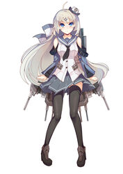  ahoge anchor black_thighhighs blue_eyes blush commentary detached_sleeves female full_body hat hms_kent kent_(warship_girls_r) long_hair looking_at_viewer mecha_musume official_art pleated_skirt rain_lan rigging sailor_collar seamed_legwear side-seamed_legwear skirt solo thighhighs warship_girls_r white_hair 