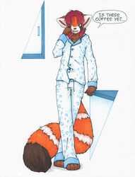  2015 ailurid ambiguous_gender anthro clothed clothing dialogue english_text hair hi_res just_woke_up kazu leaning malachyte male mammal open_mouth pajamas red_hair red_panda simple_background solo text tired traditional_media_(artwork) yellow_eyes 