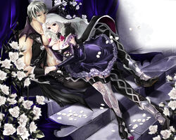  1boy black_gloves black_hair breasts cleavage coco_(eccentricrouge) dress drill_hair female flower garter_straps gloves gothic_lolita hood lace lace_legwear lolita_fashion looking_at_viewer multicolored_hair nail_polish patterned_legwear purple_nails rose silver_hair soul_calibur soulcalibur_v thighhighs vest viola_(soulcalibur) white_hair white_rose zwei_(soulcalibur) 