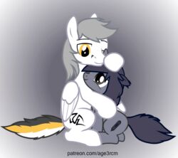  age3rcm animated duo equid equine fan_character female feral friendship_is_magic gradient_background grey_background hasbro hooves horse hug male mammal my_little_pony pony short_playtime simple_background 