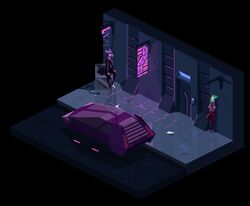  ambiguous_gender building car cyberpunk digital_media_(artwork) door duo isometric keypad neon neon_lights night paper phlegraofmystery pixel_(artwork) science_fiction street unknown_species vehicle 