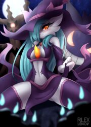  :3 alternate_color artist_name bare_shoulders black_sclera blue_fire blue_hair blue_sky blush breasts center_opening creatures_(company) eyebrows_visible_through_hair female female fire game_freak gardevoir gen_1_pokemon gen_3_pokemon gen_4_pokemon gen_5_pokemon gen_6_pokemon gengar glowing glowing_eyes hair_over_one_eye hat litwick long_hair long_sleeves looking_at_viewer medium_breasts mismagius mismagius_(cosplay) moon navel night night_sky nintendo no_humans off_shoulder one-eyed orange_eyes outdoors pelvic_curtain pokemon pokemon_(creature) purple_hat purple_legwear purple_skirt red_eyes rilex_lenov shiny_pokemon sitting skindentation skirt sky smile solo_focus spread_legs teeth thighhighs trevenant watermark white_skin witch_hat 