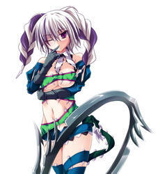  bare_shoulders blade braid breasts female finger_to_mouth mole multicolored_hair navel purple_eyes purple_hair solo soul_calibur soulcalibur_v standing takayuuki tira tira_(soulcalibur) twin_braids underboob weapon white_background white_hair wink 