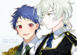  2boys blue_hair blue_necktie blush character_name commentary_request earrings english_text engrish_text epaulettes green_necktie happy_birthday ichijou_shin jewelry king_of_prism king_of_prism_by_prettyrhythm kisaragi_louis looking_at_viewer male_focus multiple_boys necktie open_mouth photoshop_(medium) pretty_rhythm pretty_series ranguage red_eyes upper_body yanyo_(ogino_atsuki) 