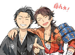  2boys armor bandages black_hair brown_hair closed_eyes commentary_request crossover getiao grin haori japanese_armor japanese_clothes jin_(manga) kimono long_hair male_focus midriff_sarashi multiple_boys mutsu-no-kami_yoshiyuki open_mouth sakamoto_clan_(emblem) sakamoto_ryouma_(jin) sarashi seigaiha shoulder_armor simple_background smile sode sound_effects sound_effects_only touken_ranbu translated upper_body white_background 