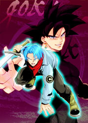  2boys black_eyes black_hair blue_eyes blue_hair bodysuit dragon_ball dragon_ball_super eyebrows gokuu_black jacket jewelry kerchief matching_hair/eyes multiple_boys open_mouth pants potara_earrings saiyan shoes short_hair single_earring spiked_hair spiky_hair sword teeth trunks_(dragon_ball) weapon 