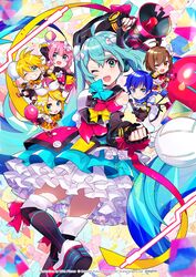  2boys 4girls :d ;d ahoge aqua_eyes aqua_hair balloon bare_shoulders blue_eyes blue_hair blush breasts brown_hair commentary_request detached_sleeves grin hair_ribbon hatsune_miku headset highres kagamine_len kagamine_rin kaito_(vocaloid) long_hair looking_at_viewer magical_mirai_(vocaloid) magical_mirai_kaito magical_mirai_kaito_(2018) magical_mirai_len magical_mirai_len_(2018) magical_mirai_luka magical_mirai_luka_(2018) magical_mirai_meiko magical_mirai_meiko_(2018) magical_mirai_miku magical_mirai_miku_(2018) magical_mirai_rin magical_mirai_rin_(2018) megaphone megurine_luka meiko_(vocaloid) mika_pikazo multiple_boys multiple_girls official_art one_eye_closed open_mouth pink_hair ribbon sailor_collar short_hair sleeves_past_wrists smile teeth thighhighs twintails very_long_hair vocaloid 