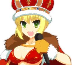  bikini bikini_top_only blonde_hair bloom breasts cape cleavage commentary_request crown dh_ead fate/extra fate_(series) female gloves green_eyes large_breasts microphone nero_claudius_(fate) nero_claudius_(fate/extra) nero_claudius_(idol_emperor_red_saber)_(fate) official_alternate_costume red_bikini rojiura_satsuki:_chapter_heroine_sanctuary solo swimsuit 