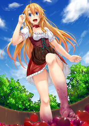  :d antenna_hair apron barefoot black_apron blonde_hair blouse blue_eyes blue_panties blue_sky blush bodice choker clenched_hands cloud collarbone commentary_request day dirndl dirty dirty_feet dress feet female fingernails food from_below fruit german_clothes grape_stomping grapes hair_between_eyes highres laces legs long_hair looking_at_viewer moe2016 open_mouth original outdoors panties photoshop_(medium) ribbon-trimmed_sleeves ribbon_choker ribbon_trim shigatsu_itsuka shirt short_sleeves sky smile solo stomping toenails toes tongue underbust underwear upskirt waist_apron white_shirt 