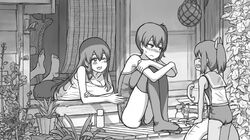  3girls ^_^ akagi_(kancolle) bamboo_screen bare_arms bare_shoulders barefoot bird blush breasts chair cleavage closed_eyes collarbone commentary_request feet feet_up flower greyscale hair_between_eyes hair_ornament holding_own_arm hugging_own_legs i-401_(kancolle) innertube jug_(bottle) kaga_(kancolle) kantai_collection knees_up large_breasts leaf long_hair looking_at_another looking_away lying monochrome multiple_girls nose_blush on_stomach one-piece_swimsuit one_eye_closed open_mouth plant ponytail potted_plant sailor_collar school_swimsuit school_uniform serafuku shijukara_(great_tit) short_hair short_ponytail shorts side_ponytail sitting sliding_doors smile soles sudare summer swim_ring swimsuit swimsuit_under_clothes tan tank_top tatami thighhighs wavy_mouth window_blinds wooden_floor 