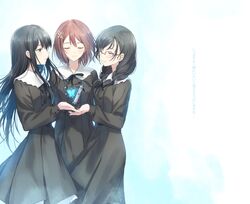  3girls black_hair black_ribbon braid brown_hair closed_eyes commentary_request flower flowers_(innocent_grey) glasses hair_flower hair_ornament hanabishi_rikka irua kousaka_mayuri light_smile long_hair long_sleeves medium_hair multiple_girls ribbon shirahane_suou short_hair translation_request twin_braids very_long_hair yuri 