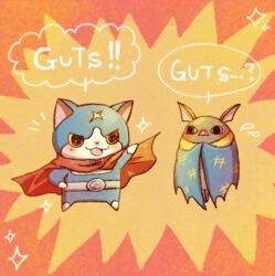  bat_(animal) blush cape commentary_request english_text fangs feline fuyunyan hikikoumori no_humans open_mouth red_cape scar sparkle speech_bubble umi_(srtm07) youkai_(youkai_watch) youkai_watch youkai_watch_2 