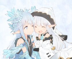  2girls :d ^_^ armlet bare_shoulders blue_eyes blue_flower blue_hair blue_rose blunt_bangs blush bridal_gauntlets closed_eyes commentary_request crystal detached_sleeves dress erin_(granblue_fantasy) flower granblue_fantasy hair_ornament highres hood lily_(granblue_fantasy) long_hair multiple_girls one_eye_closed ooyama_imo open_mouth pointy_ears rose smile white_dress 