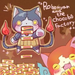  blue_fire blurry blush brown_background candy candy_bar chocoboo closed_eyes commentary_request depth_of_field english_text fangs feline fire flame-tipped_tail food jibanyan multiple_tails no_humans non-humanoid_robot notched_ear open_mouth rivets robonyan robot robot_animal robot_cat star_(symbol) tail two_tails umi_(srtm07) youkai_(youkai_watch) youkai_watch 