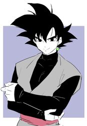  1boy black_eyes black_hair closed_mouth dougi dragon_ball dragon_ball_super earrings eyebrows gokuu_black jewelry matching_hair/eyes potara_earrings saiyan single_earring smile solo spiked_hair spiky_hair 