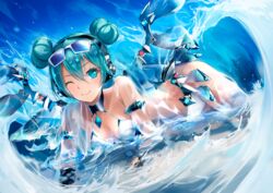  ajigo alternate_hairstyle aqua_eyes aqua_hair armlet bare_shoulders bikini black_gloves blush body_writing breasts cleavage commentary dark_skin double_bun eyewear_on_head female fingerless_gloves full_body gloves goodsmile_company goodsmile_racing hair_bun hatsune_miku headphones headset heart_hair_bun long_hair looking_at_viewer lying mechanical_wings nail_polish navel on_stomach one_eye_closed open_mouth partially_submerged placard race_queen racing_miku racing_miku_(2013) racing_miku_(2013_sepang_ver.) sharp_sign sign smile solo stomach sun_tattoo sunglasses swimsuit tan tanlines transparent transparent_wings twintails vocaloid water white_bikini wings 