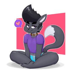  1:1 anthro biped black_body black_fur black_hair black_nose canid canine claws clothed clothing collar feet fox fur hair heart_symbol looking_at_viewer male mammal phursie purple_eyes shirt simple_background sitting smile solo toes topwear underwear xingscourge 