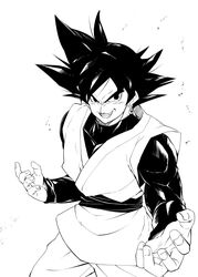  1boy black_eyes black_hair dougi dragon_ball dragon_ball_super earrings eyebrows gokuu_black grin jewelry matching_hair/eyes potara_earrings saiyan simple_background single_earring solo spiked_hair spiky_hair teeth white_background 