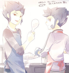  2boys apron bad_id bad_pixiv_id blue_hair brothers from_behind inazuma_eleven_(series) inazuma_eleven_go looking_back male_focus mizuhara_aki mole mole_under_mouth multiple_boys open_mouth orange_eyes oven_mitts siblings tsurugi_kyousuke tsurugi_yuuichi upper_body 