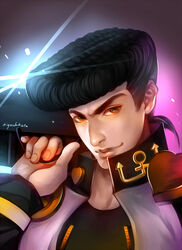  1boy black_hair briefcase brown_eyes chinese_commentary commentary_request diamond_wa_kudakenai dkaki gakuran heart higashikata_josuke jojo_no_kimyou_na_bouken male_focus pompadour realistic school_uniform solo 