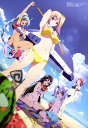  5girls :d absurdres armpits ass_visible_through_thighs barefoot beach bikini bikini_skirt breasts clenched_hand day dutch_angle eating food fruit highres izumi_reina kawakami_mai kumamakura_kurumi long_hair medium_breasts megami_magazine minase_koito mole mole_on_thigh mole_under_eye multiple_girls musaigen_no_phantom_world navel o-ring o-ring_bottom official_art okamura_kouhei open_mouth outdoors raised_fist ruru_(phantom_world) sandals side_ponytail smile suikawari swimsuit underboob unworn_sandals watermelon 