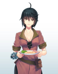  ahoge bad_id bad_pixiv_id black_hair breasts cleavage cowboy_shot fateline_alpha female food medium_breasts official_alternate_costume photoshop_(medium) plate smile solo tales_of_(series) tales_of_berseria velvet_crowe velvet_crowe_(villager_clothes) white_background yellow_eyes 