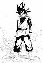  1boy black_eyes black_hair boots closed_mouth dougi dragon_ball dragon_ball_super earrings eyebrows gokuu_black jewelry matching_hair/eyes monochrome potara_earrings saiyan single_earring smile solo spiked_hair spiky_hair standing 