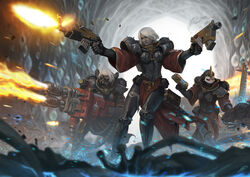  3girls adepta_sororitas armor battle bolter book commentary dual_wielding english_commentary flamethrower highres holding mask multiple_girls okita photoshop_(medium) short_hair silver_hair tyranid warhammer_40k weapon 