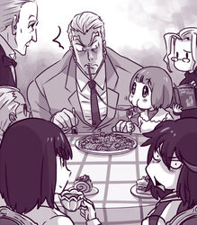  3boys 4girls ^^^ blush book cake cake_slice chair commentary_request cup food fukuso_hilbert_kuukan gamagoori_ira glasses hououmaru_rei iori_shirou kill_la_kill kiryuuin_satsuki lady_and_the_tramp looking_back mankanshoku_mako matoi_ryuuko monochrome multiple_boys multiple_girls necktie open_mouth parody pasta short_hair siblings sisters sitting soroi_mitsuzou spaghetti sparkling_eyes strawberry_shortcake swiss_roll table tablecloth tea teacup 