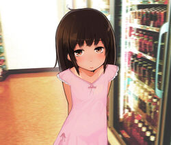  brown_eyes brown_hair commentary_request dress female indoors lolicon long_hair megane_chuu original photo_background solo 