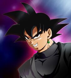  1boy black_eyes black_hair black_shirt dougi dragon_ball dragon_ball_super eyebrows gokuu_black grin jewelry matching_hair/eyes potara_earrings shirt single_earring smile spiked_hair spiky_hair teeth upper_body 