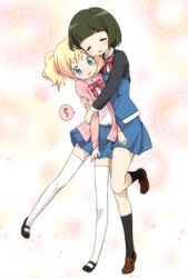  2girls :d =_= alice_cartelet black_hair black_legwear blonde_hair blue_eyes blunt_bangs blush bow cardigan closed_eyes commentary_request dress_shirt highres hug kin-iro_mosaic legs loafers mary_janes moegi_high_school_uniform multiple_girls oomiya_shinobu open_mouth school_uniform shirt shoes short_hair skirt smile socks standing standing_on_one_leg thighhighs twintails uz3d white_legwear yuri zettai_ryouiki 