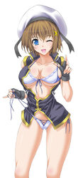  ;d ass_visible_through_thighs bikini bikini_under_clothes blue_eyes body_blush breasts brown_hair clothes_lift commentary_request cowboy_shot female fingerless_gloves front-tie_top gloves hair_ornament hat highres large_breasts lyrical_nanoha magical_girl mahou_shoujo_lyrical_nanoha_strikers one_eye_closed open_clothes open_mouth photoshop_(medium) shiny_skin short_hair side-tie_bikini_bottom simple_background skindentation smile solo strap_lift swimsuit swimsuit_lift wedgie white_background white_bikini white_hat x_hair_ornament yagami_hayate yatsushima_tetsuya 