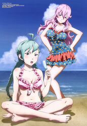  2girls :o absurdres antenna_hair aqua_eyes aqua_hair arm_support armpits barefoot beach between_breasts bikini bikini_skirt blue_dress blue_eyes blush body_blush bow braid breasts bubuki_buranki cleavage closed_mouth cloud crossed_legs day dress feet food frilled_dress frills front-tie_top full_body glasses hair_between_eyes hair_ornament hair_tie hairclip hands_on_own_hips head_tilt highres hip_focus holding indian_style large_breasts leaning light_purple_hair light_smile long_hair looking_at_viewer megami_magazine multiple_girls nakamura_tsuyoshi navel ocean official_art on_ground open_mouth ougi_kinoa outdoors pale_skin pink-framed_eyewear pink_bikini polka_dot polka_dot_dress popsicle print_bikini shadow short_dress sitting sky smile standing swimsuit taneomi_shizuru toes twin_braids unworn_eyewear water wavy_hair 