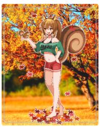  :d ahoge animal_ears animal_on_hand artist_request autumn_leaves bare_legs bare_shoulders barefoot blue_sky blush bra_strap brown_eyes brown_hair clothes_writing commission crop_top crop_top_overhang cropped_shirt female full_body green_shirt hair_between_eyes hand_on_own_hip large_tail long_hair midriff navel off-shoulder_shirt off_shoulder open_mouth original outdoors park_bokja pixel_art ponytail red_shorts second-party_source shirt short_shorts short_sleeves shorts sky smile solo squirrel squirrel_ears squirrel_tail standing stomach t-shirt tail tree v-shaped_eyebrows 