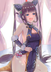  absurdres backlighting bare_shoulders black_dress blue_eyes blunt_bangs blush breasts china_dress chinese_clothes cleavage curtains detached_sleeves dress fate/grand_order fate_(series) female hair_ornament highres kneeling large_breasts leaf_hair_ornament long_hair on_bed open_mouth purple_hair side_slit sidelocks smile solo thighs twintails very_long_hair yang_guifei_(fate) yang_guifei_(second_ascension)_(fate) yuzuki4no 