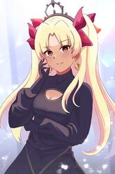  absurdres black_dress blonde_hair breasts cleavage cleavage_cutout clothing_cutout dark-skinned_female dark_skin dress earrings ereshkigal_(fate) ereshkigal_alter_(fate) fate/grand_order fate_(series) female hair_ribbon highres hoop_earrings jewelry long_hair long_sleeves looking_at_viewer medium_breasts parted_bangs red_eyes ribbon smile solo tiara two_side_up zerachieru 