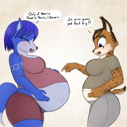  1:1 20thx5150 anthro belly big_belly both_pregnant breasts canid canine dialogue duo english_text felid feline female fox geckoguy123456789 hi_res krystal_(star_fox) lynx mammal miyu_(star_fox) multiple_pregnancies nintendo pregnant pregnant_anthro pregnant_female star_fox text 