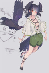  bird bird_girl bird_tail bird_wings black_footwear black_hair blouse casual center_frills center_opening creature_and_personification don3 female frills full_body green_shorts grey_hair hair_over_one_eye hair_tie head_wings high_heels highres kemono_friends kemono_friends_3 long_sleeves multicolored_hair official_alternate_costume red_eyes shirt short_hair shorts solo tail white_shirt wings yatagarasu yatagarasu_(kemono_friends) 