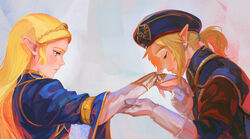  1boy beret blonde_hair blue_headwear bridal_gauntlets closed_eyes commentary_request earrings female gloves green_eyes hat highres jewelry kissing kissing_hand link long_hair military military_uniform parted_lips photoshop_(medium) pointy_ears ponytail princess_zelda profile royal_guard_set_(zelda) sellite sidelocks straight the_legend_of_zelda the_legend_of_zelda:_breath_of_the_wild uniform upper_body white_gloves 