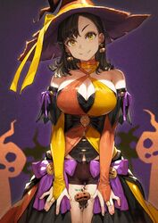  bare_shoulders between_thighs black_hair breasts bridal_gauntlets brown_shorts cleavage commentary cross cross_earrings dress earrings female food-themed_earrings grin halloween halloween_costume halterneck hat highres jack-o&#039;-lantern jack-o&#039;-lantern_earrings jewelry jun_(navigavi) large_breasts making-of_available medium_hair multicolored_clothes multicolored_dress original parted_bangs person_between_thighs shorts skirt smile struggling thighs witch_hat yellow_eyes 