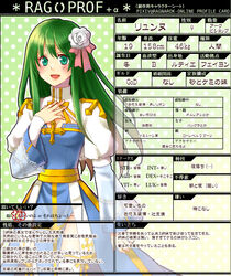  arch_bishop_(ragnarok_online) blue_dress blush bow breasts character_profile cleavage cleavage_cutout clothing_cutout commentary_request cowboy_shot cross dress female fishnet_thighhighs fishnets flower green_background green_eyes green_hair hair_flower hair_ornament hairbow juliet_sleeves long_hair long_sleeves looking_at_viewer medium_breasts open_mouth pink_bow polka_dot polka_dot_background puffy_sleeves ragnarok_online ragprof sash smile solo thighhighs translation_request tsuki_miso two-tone_dress white_dress white_flower white_thighhighs yellow_sash 