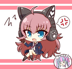  &gt;_&lt; 2girls :d ahoge anger_vein animal_ear_headphones animal_ears bang_dream! black_socks blue_eyes blue_hair blue_jacket blue_skirt blush brown_footwear cat_ear_headphones collared_shirt commentary fake_animal_ears food full_body hair_bobbles hair_ornament hand_in_pocket headphones heart highres inset jacket jerky loafers long_hair long_sleeves looking_at_viewer multicolored_hair multiple_girls necktie nyubara_reona oerba_yun_fang open_mouth pink_hair plaid plaid_skirt red_background red_hair red_necktie shirt shoes sidelocks skin_fang skirt smile socks solo_focus spoken_anger_vein striped striped_necktie tamade_chiyu teen_(teen629) translated twintails two-tone_background two-tone_hair white_background white_shirt xd 